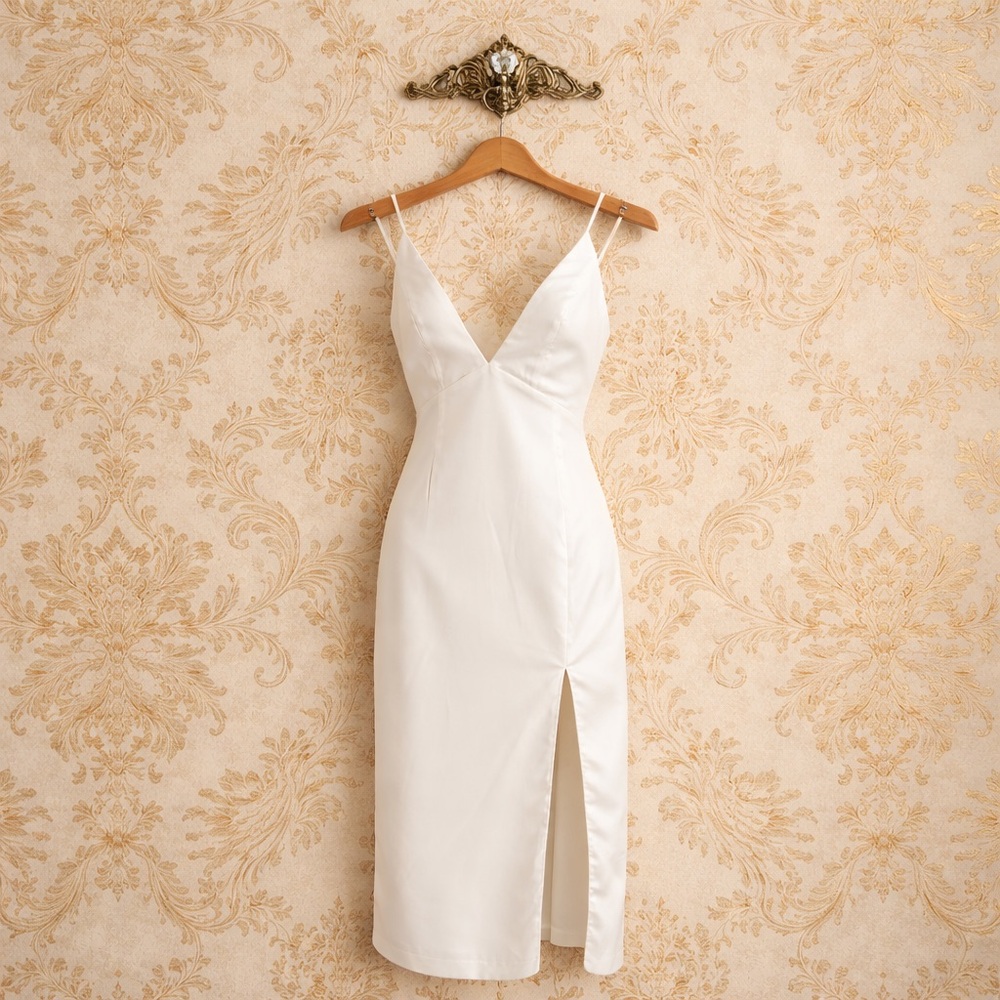 NBD off white spaghetti strap T length slit dress S